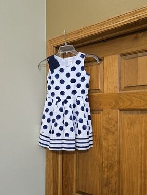 Gymboree White Dress with Navy Polka Dots and Bow Accent